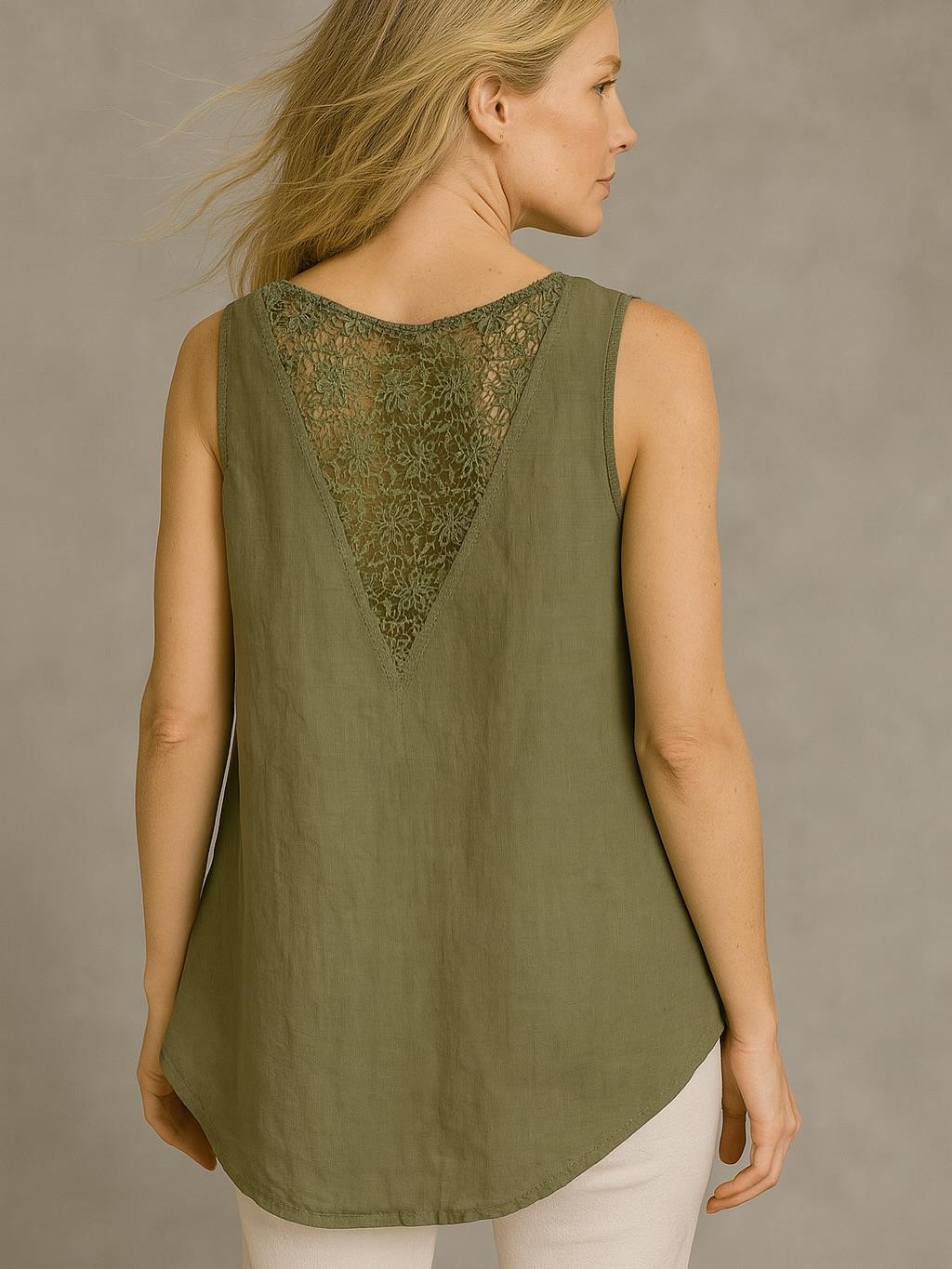 İtalyan Keten Sırt Dantel Detaylı Bluz - HAKİ