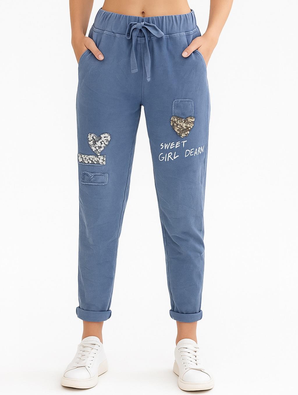 İtalyan Pul Payet Kalp Detaylı Likralı Pantolon - GECE MAVİSİ