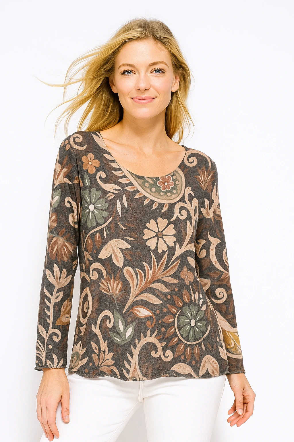 İtalyan Yaprak Desenli Geniş Yaka Triko Bluz - VİZON