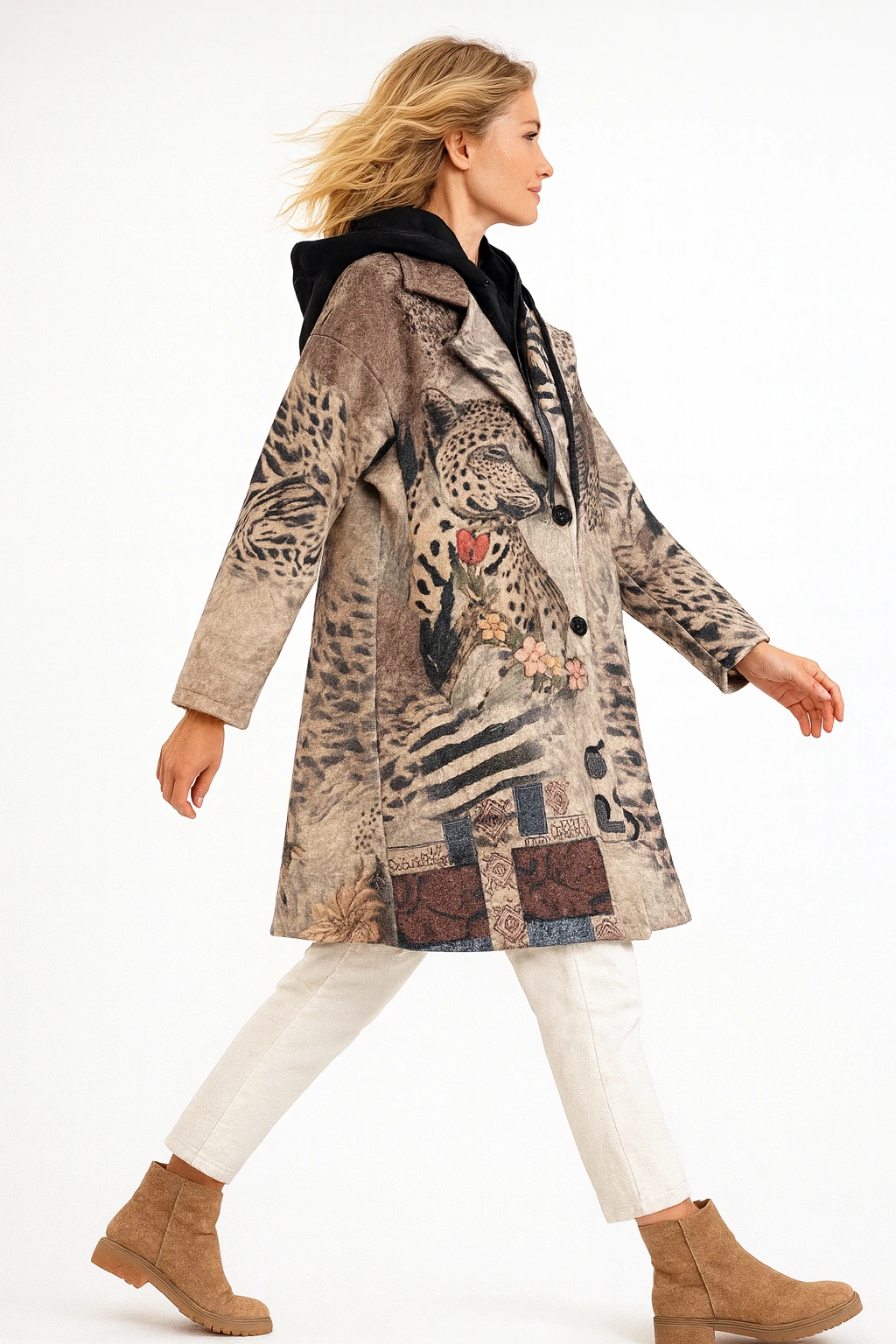 İtalyan Leopar Desenli Kapüşonlu Keçe Kaban - BEJ