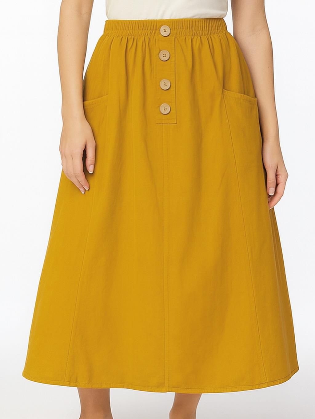 İtalyan Kadife Düğme Detaylı Etek - HARDAL