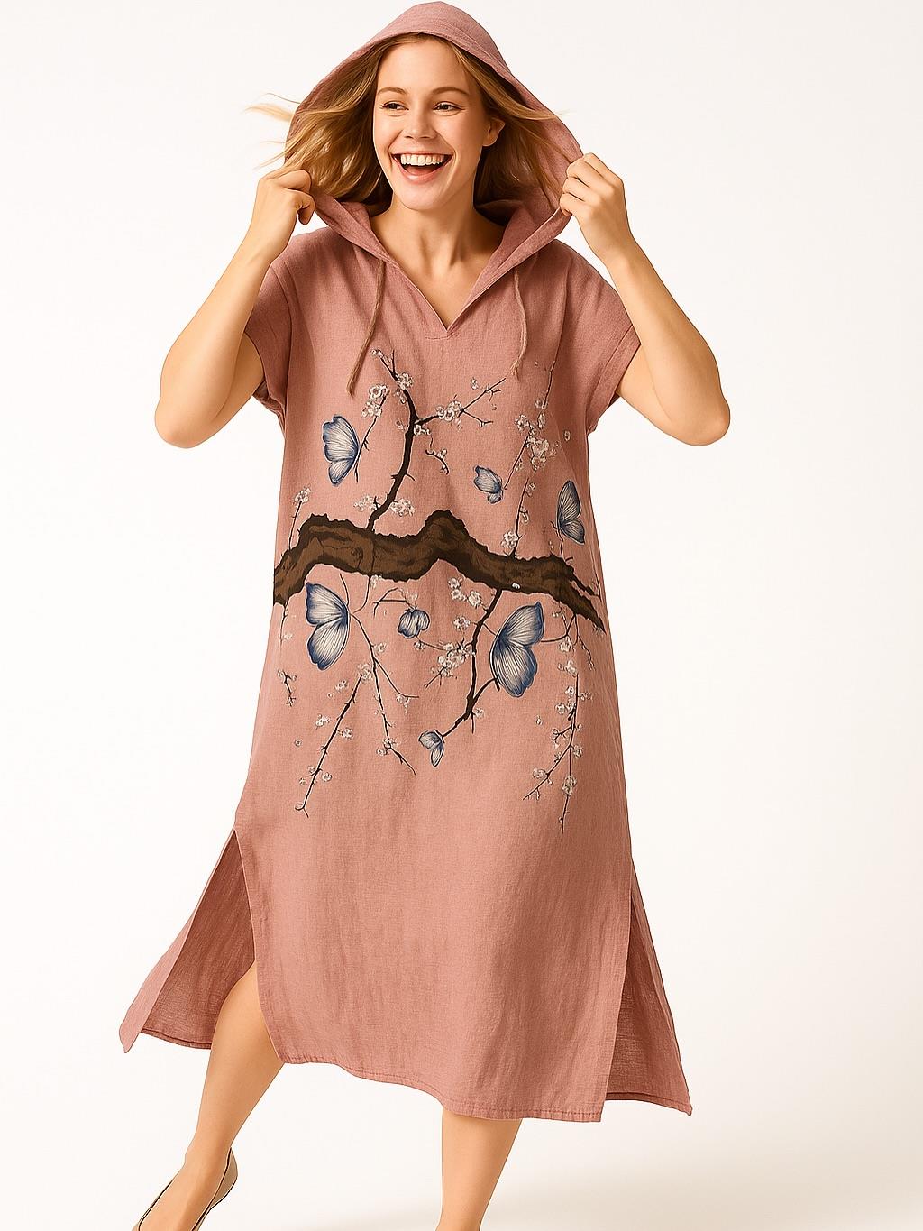 İtalyan Keten Kapüşon Detaylı Elbise - PUDRA