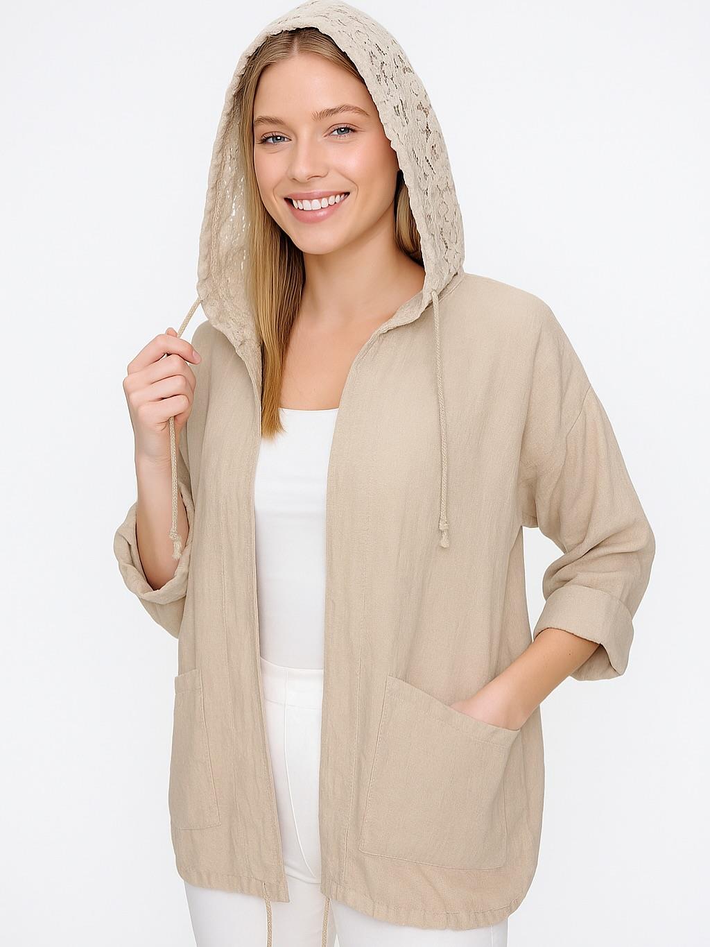 İtalyan Keten Dantel Detaylı Kapüşonlu Ceket - BEJ