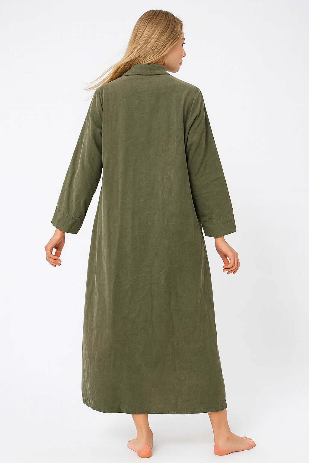 İtalyan Dantel Detaylı İnce Fitilli Kadife Elbise - HAKİ