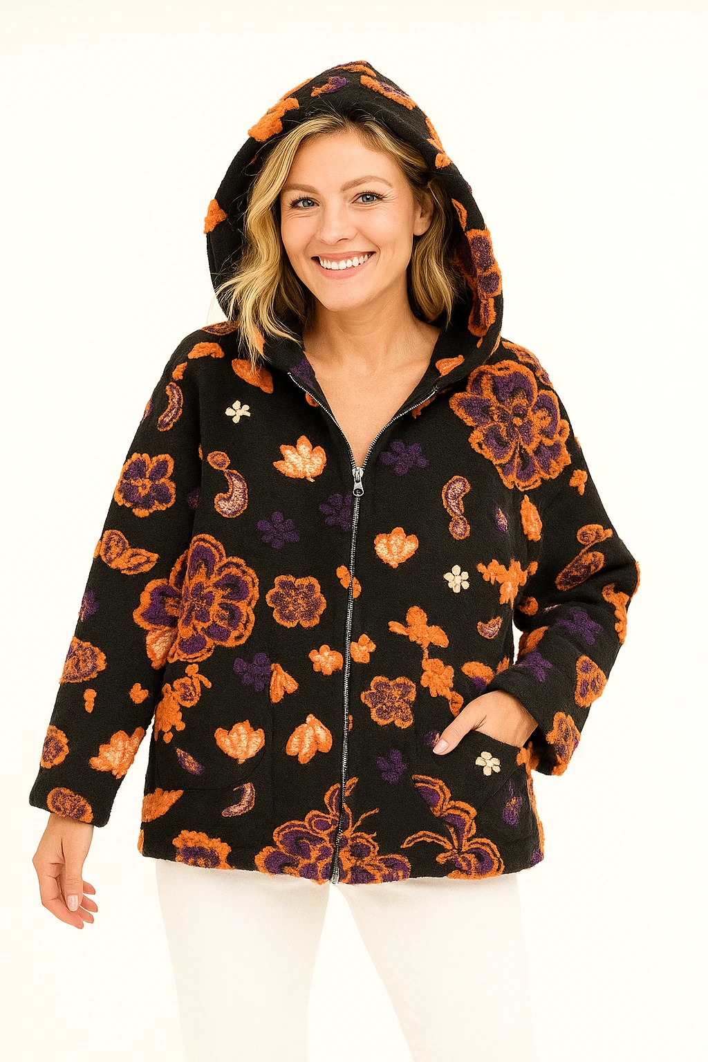 İtalyan Çiçek Tasarımlı Kapüşonlu Keçe Kaban - SİYAH