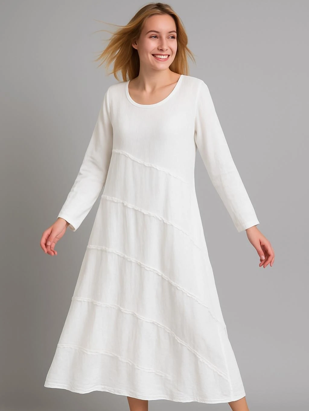 İtalyan Keten Dikiş Detaylı Elbise - BEYAZ