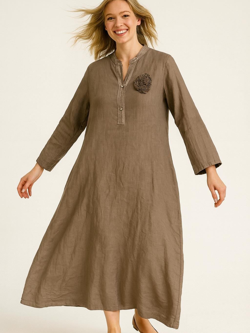 İtalyan Keten Pul Payet Detaylı Elbise - KAHVERENGİ