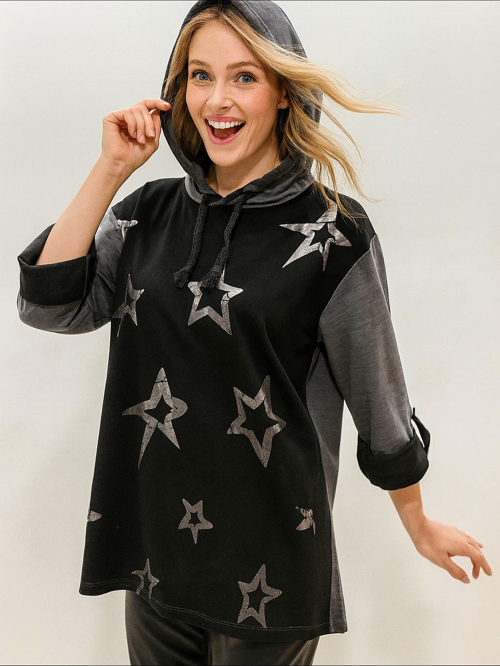 İtalyan Yıldız Desen Nubuk Bluz - SİYAH