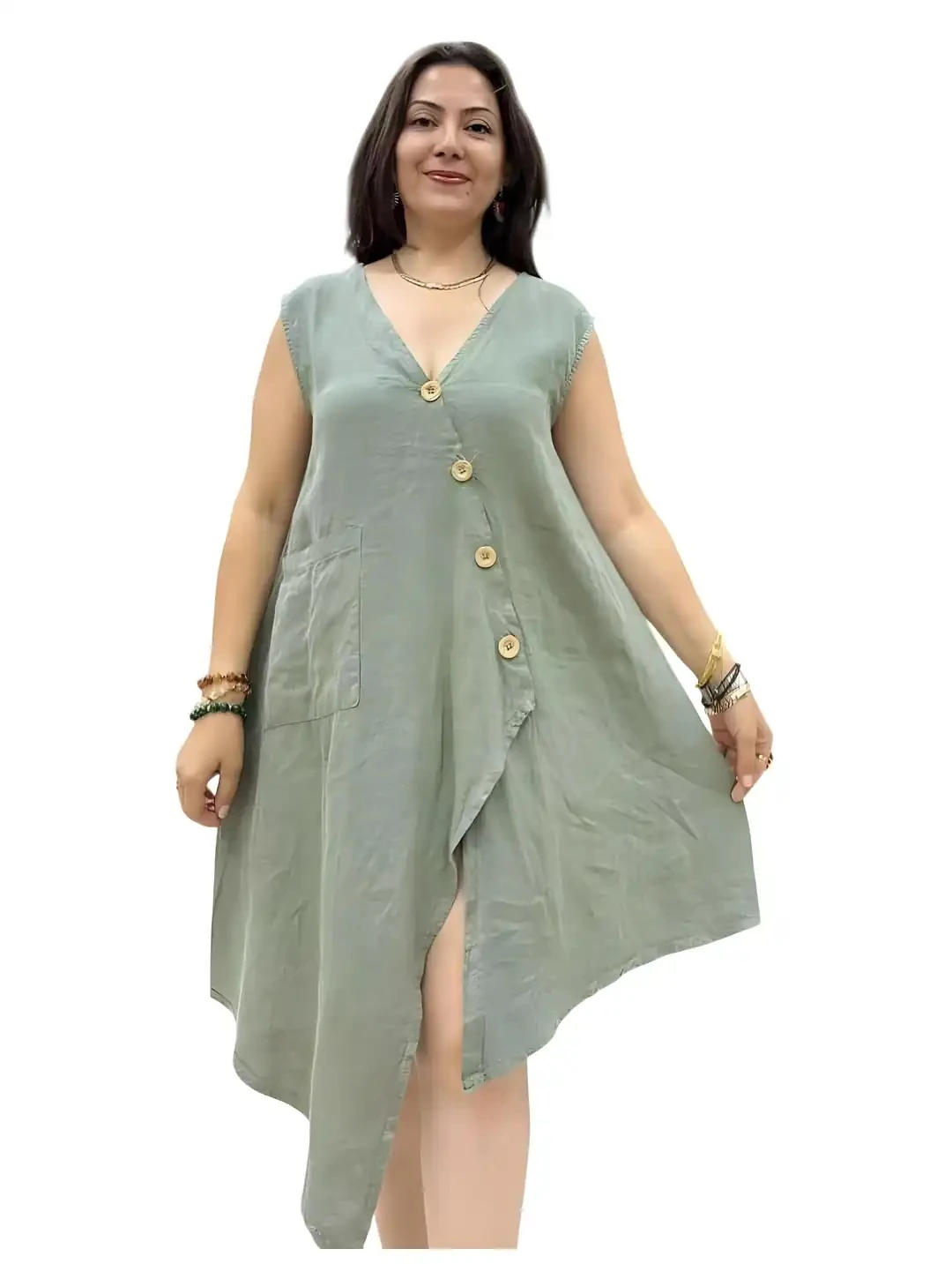 İtalyan Keten Tasarım Elbise - HAKİ