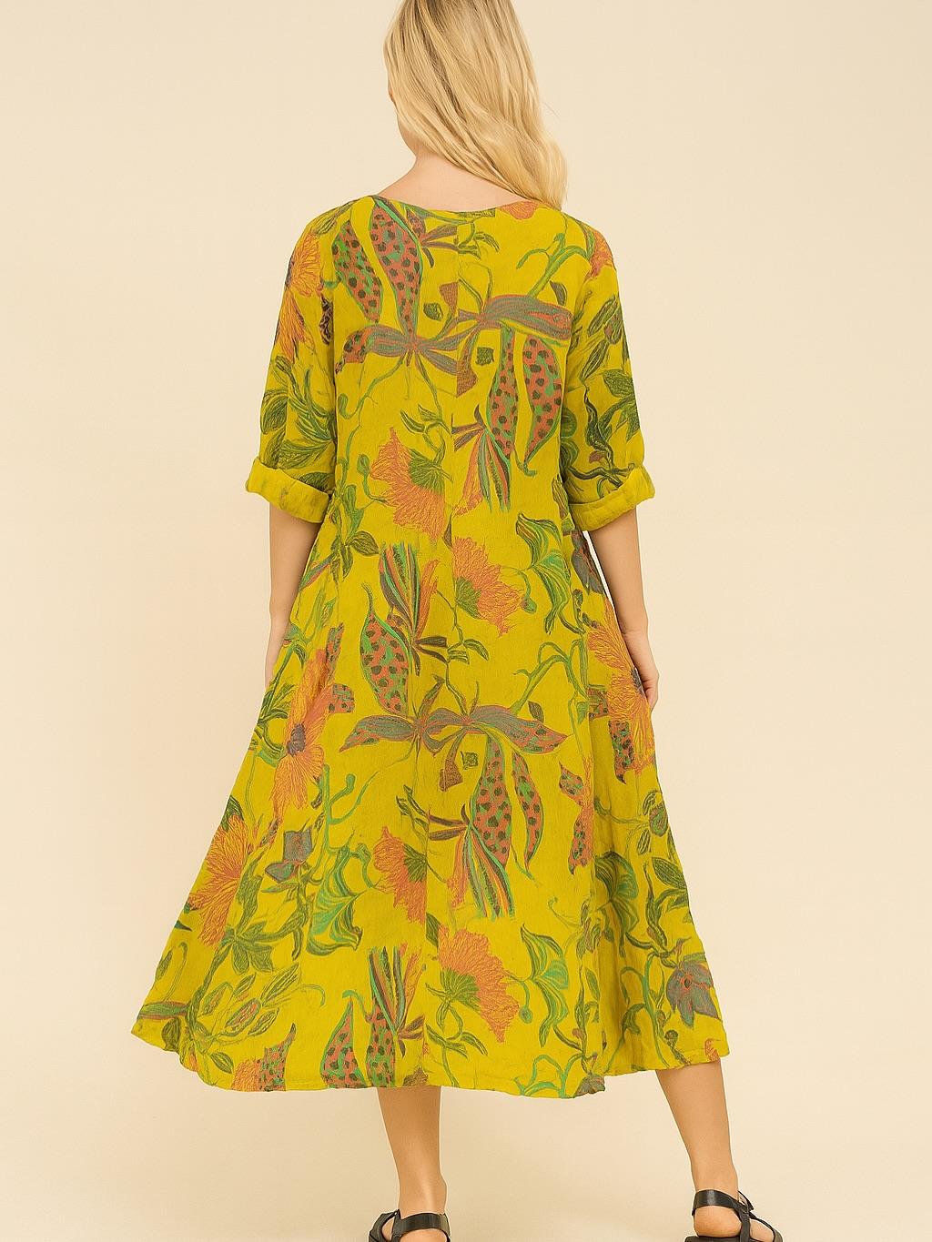 İtalyan Çiçek Desenli Keten Elbise - SARI