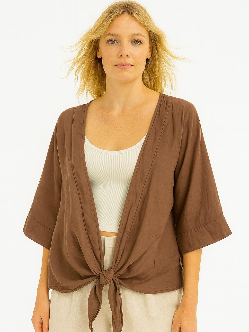 İtalyan Vual Pamuklu Kumaş Önden Bağlamalı Bluz - KAHVERENGİ