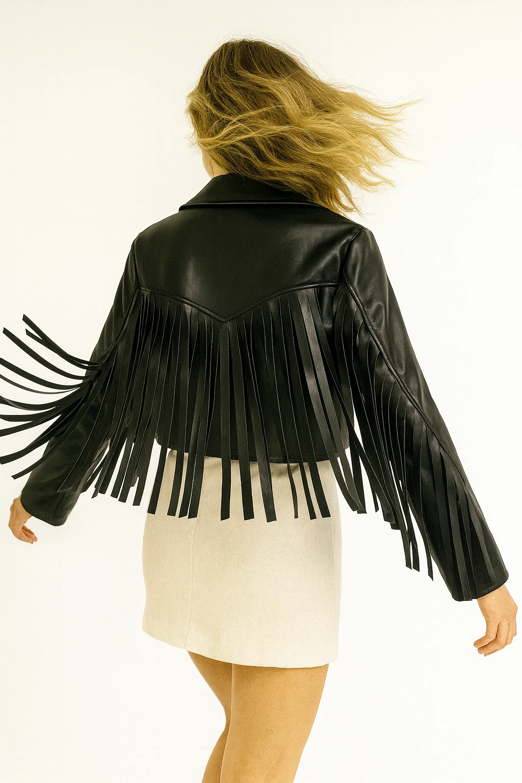 İtalyan Saçaklı Deri Ceket - SİYAH