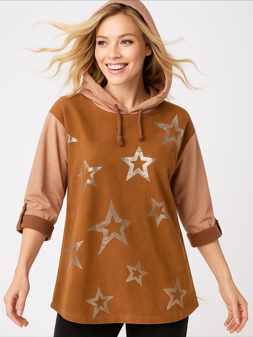 İtalyan Yıldız Desen Nubuk Bluz - AÇIK KAHVE