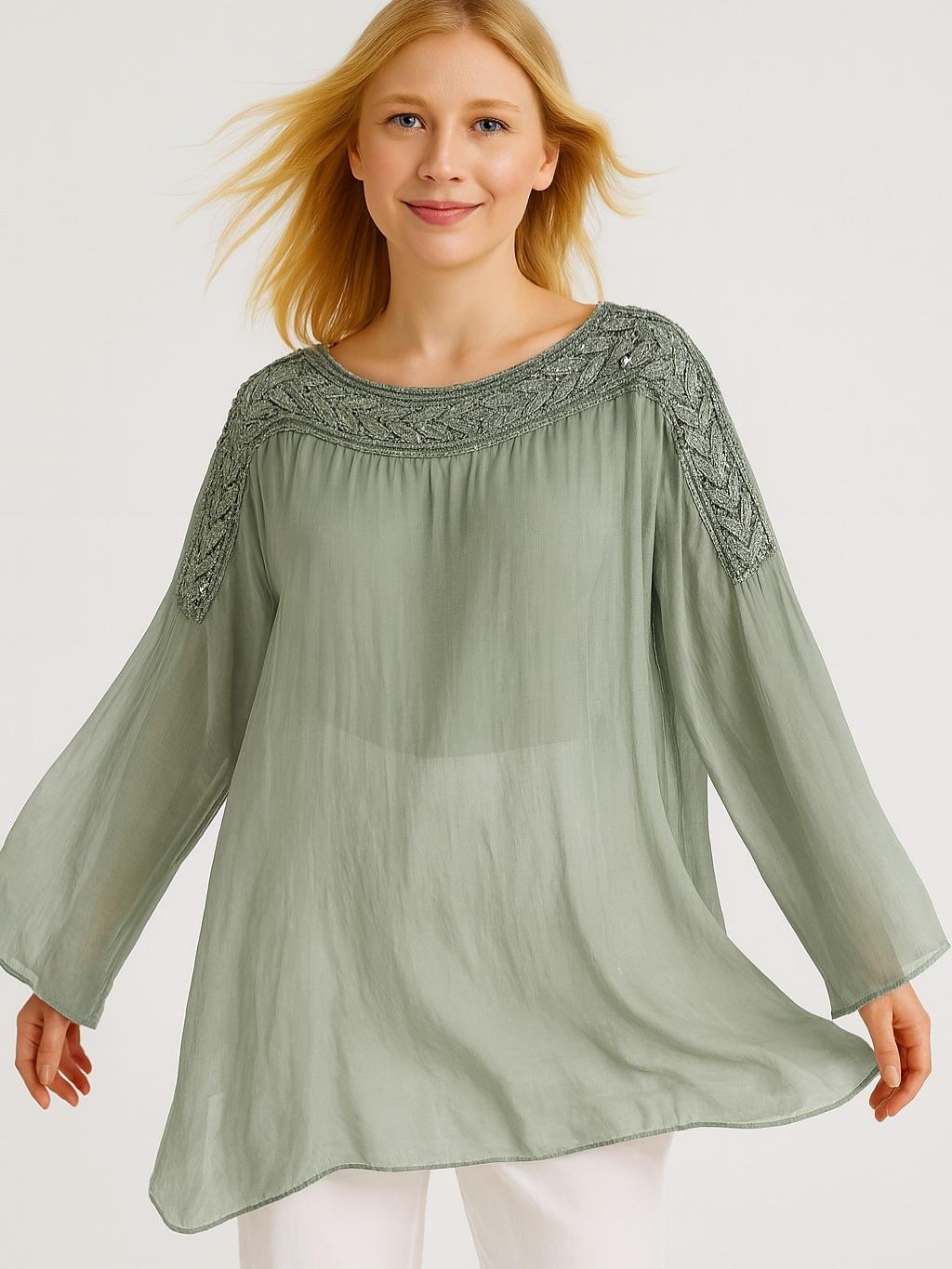 İtalyan İpek Bluz - HAKİ