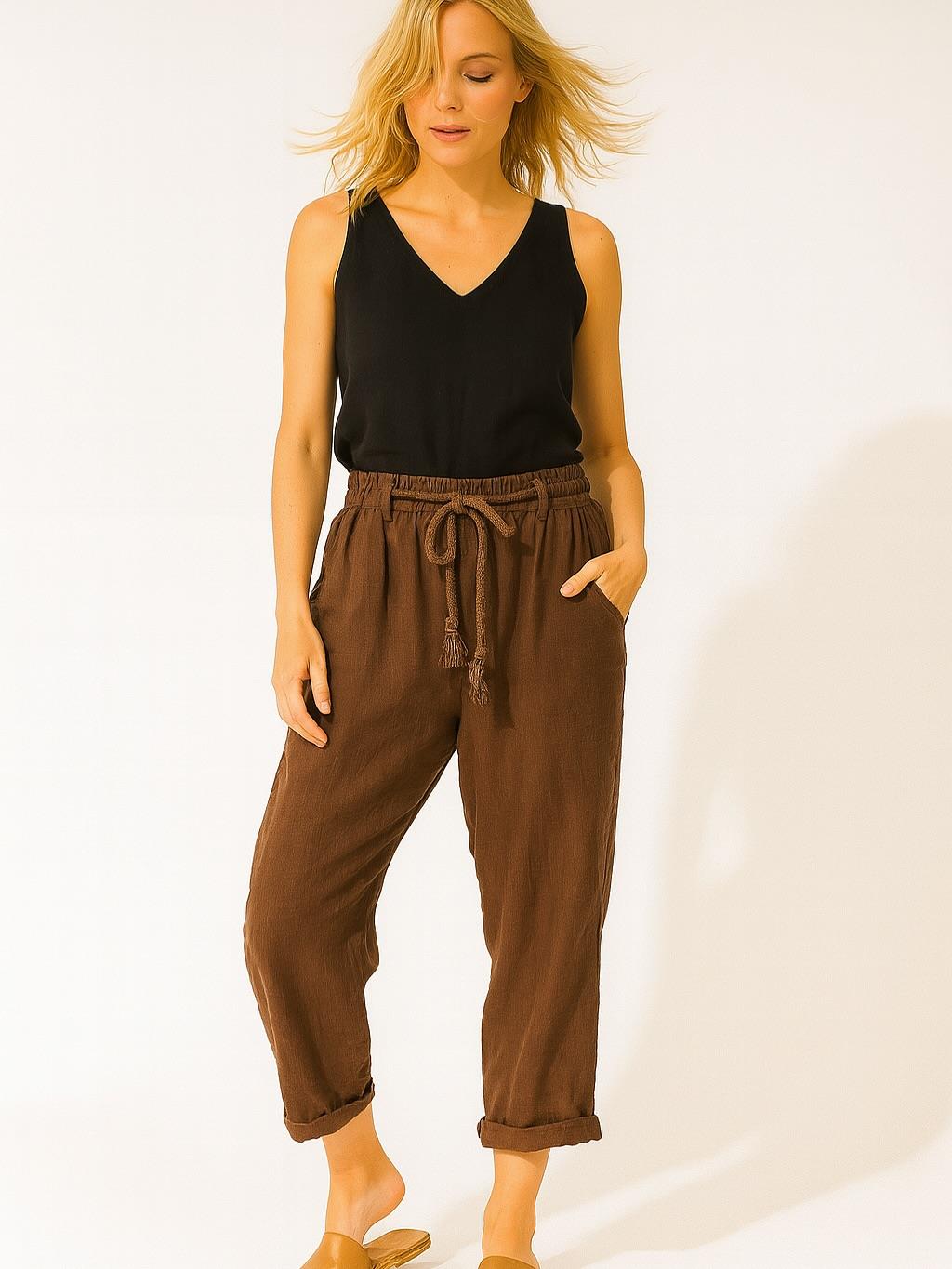 İtalyan Keten Havuç Model Pantolon - KAHVERENGİ