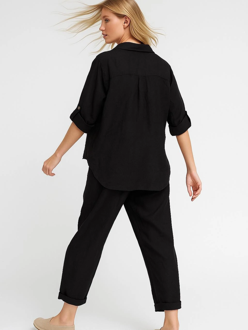 İtalyan Önden Bağlamalı Keten Takım - SİYAH