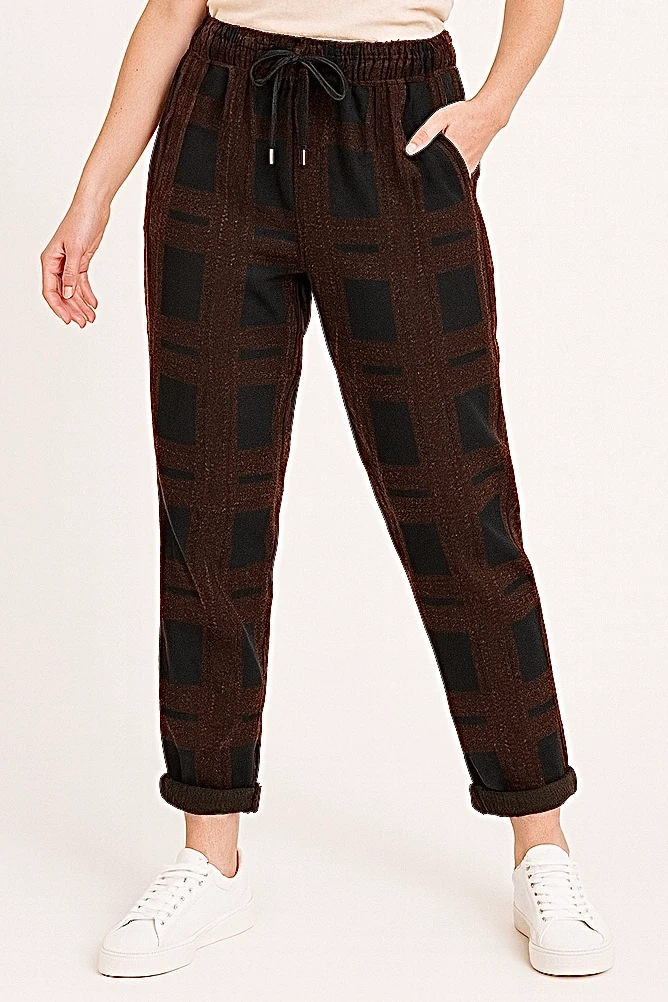 İtalyan Çizgi Desenli Likralı Pantolon - KAHVERENGİ
