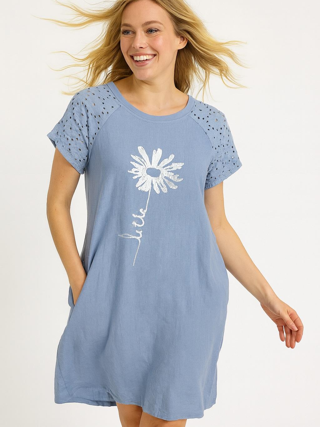 İtalyan Fisto Detaylı Keten Elbise - MAVİ