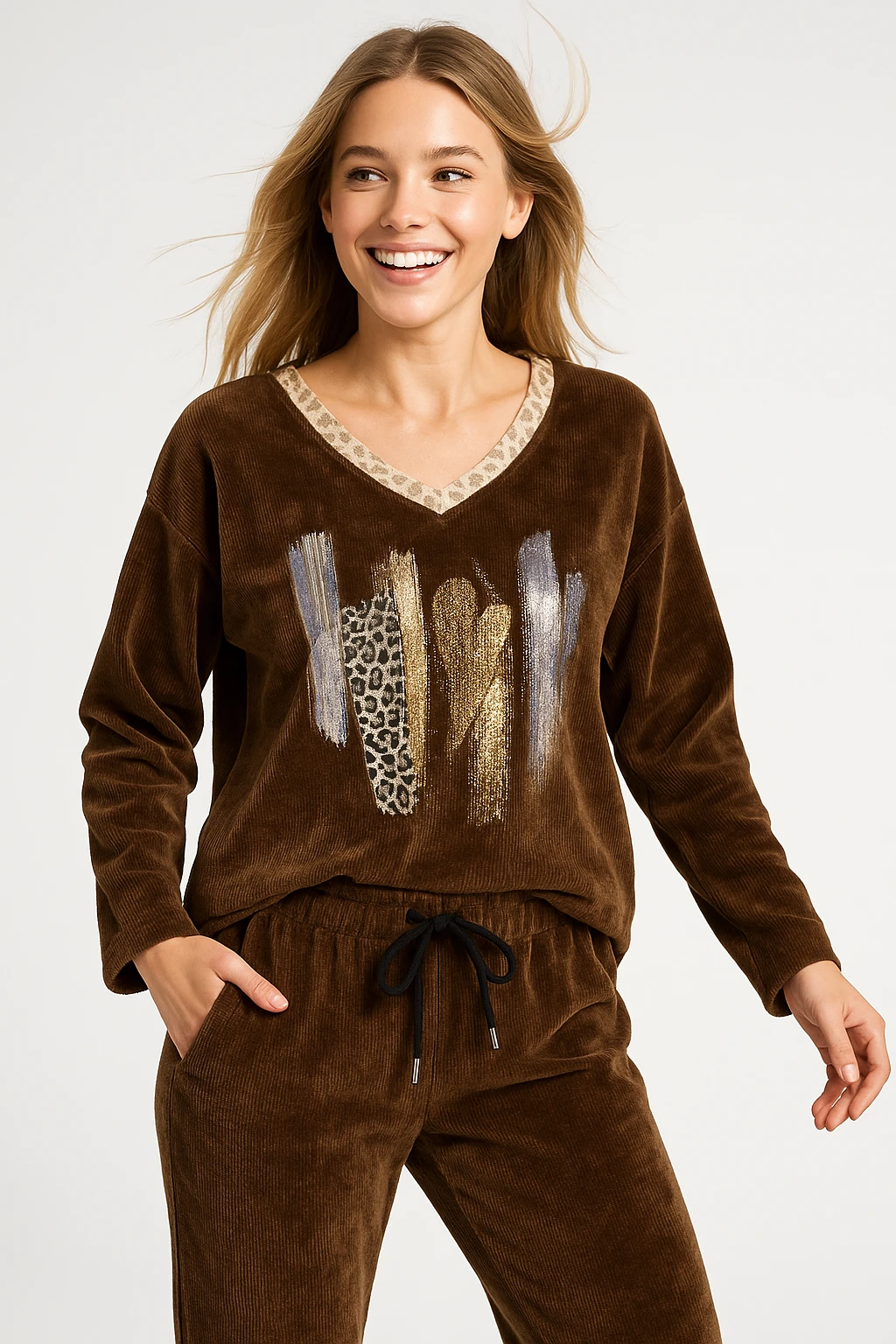 İtalyan V Yaka Kadife Takım - KAHVERENGİ