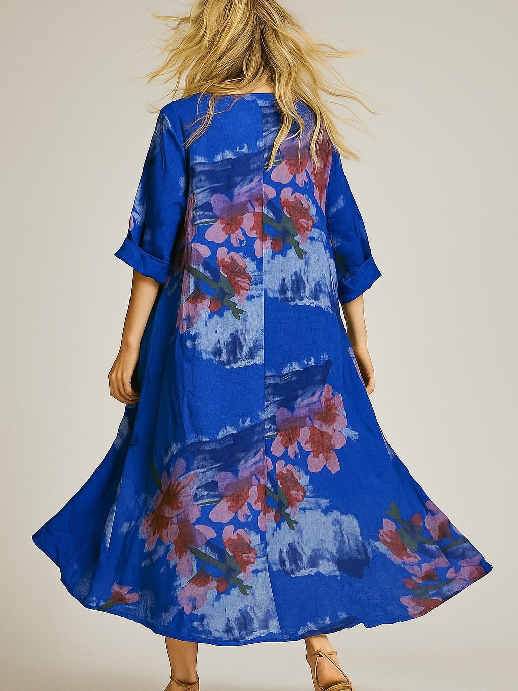 İtalyan Çiçek Desenli Keten Elbise - SAKS MAVİSİ