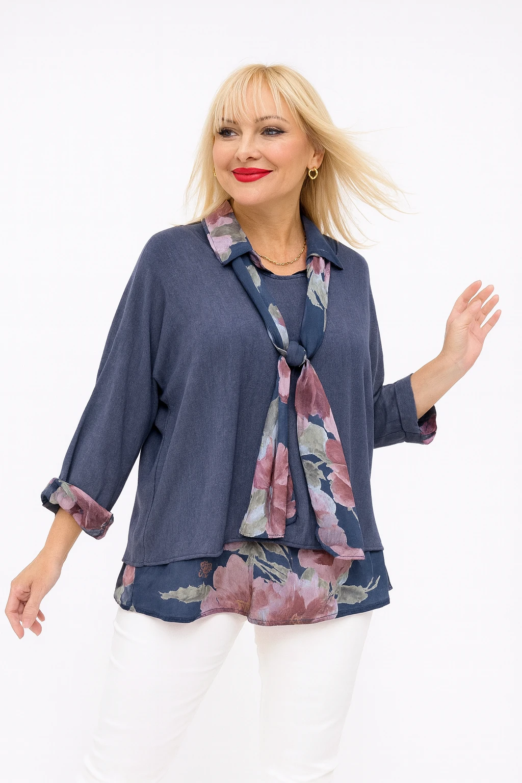 İtalyan Fularlı 3'lü Takım Bluz - KOYU MAVİ