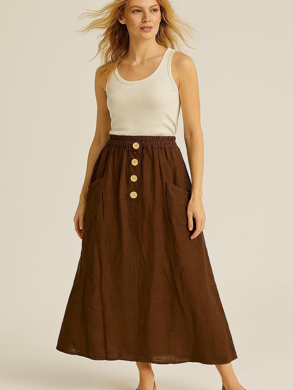 İtalyan Keten Etek - KAHVERENGİ
