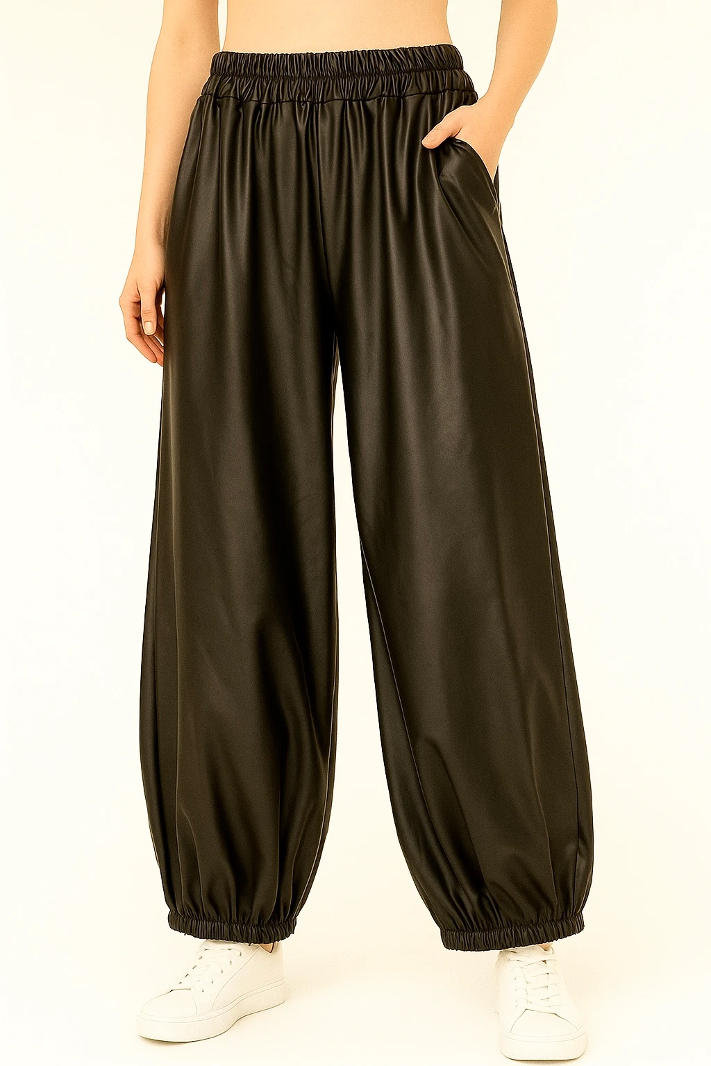 İtalyan Lastik Paça Deri Pantolon - SİYAH