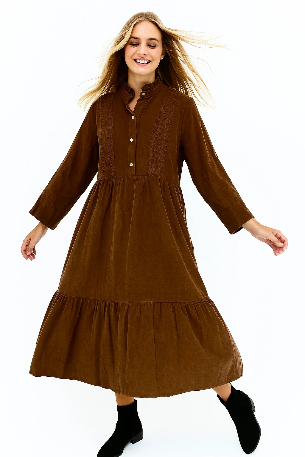 İtalyan Düğme Detaylı Kadife Elbise - KAHVE