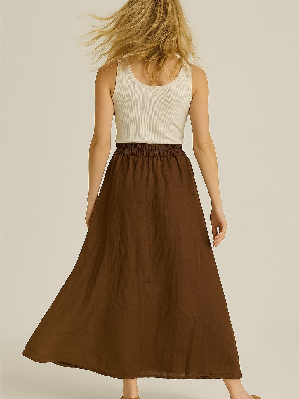 İtalyan Keten Etek - KAHVERENGİ