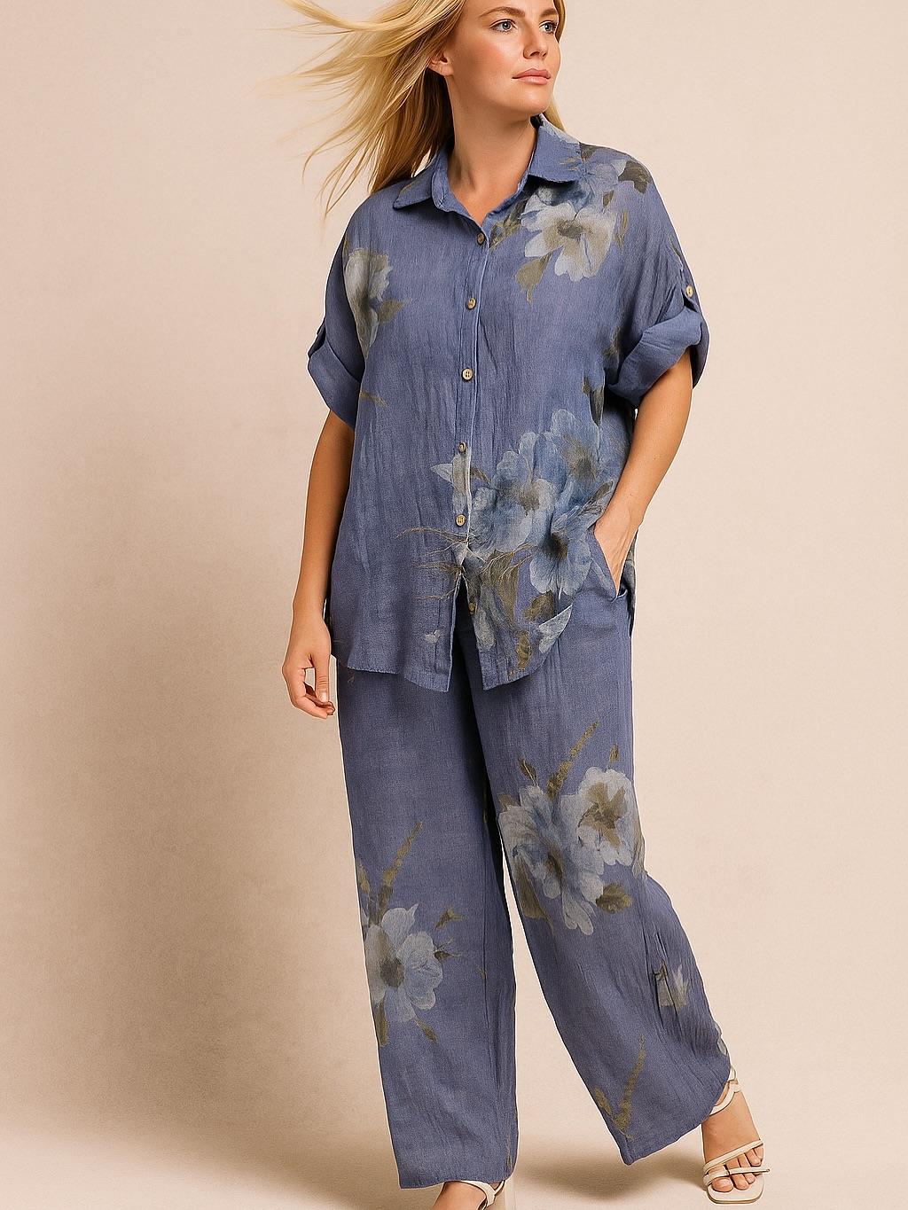 İtalyan Çiçek Desenli Keten Takım - MAVİ