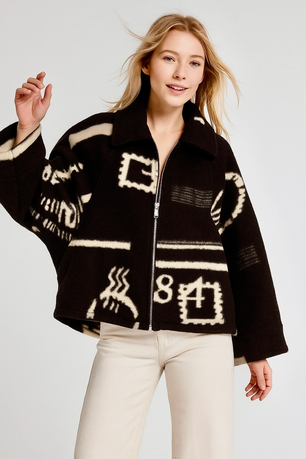 İtalyan Fermuarlı Desenli Keçe Ceket - SİYAH