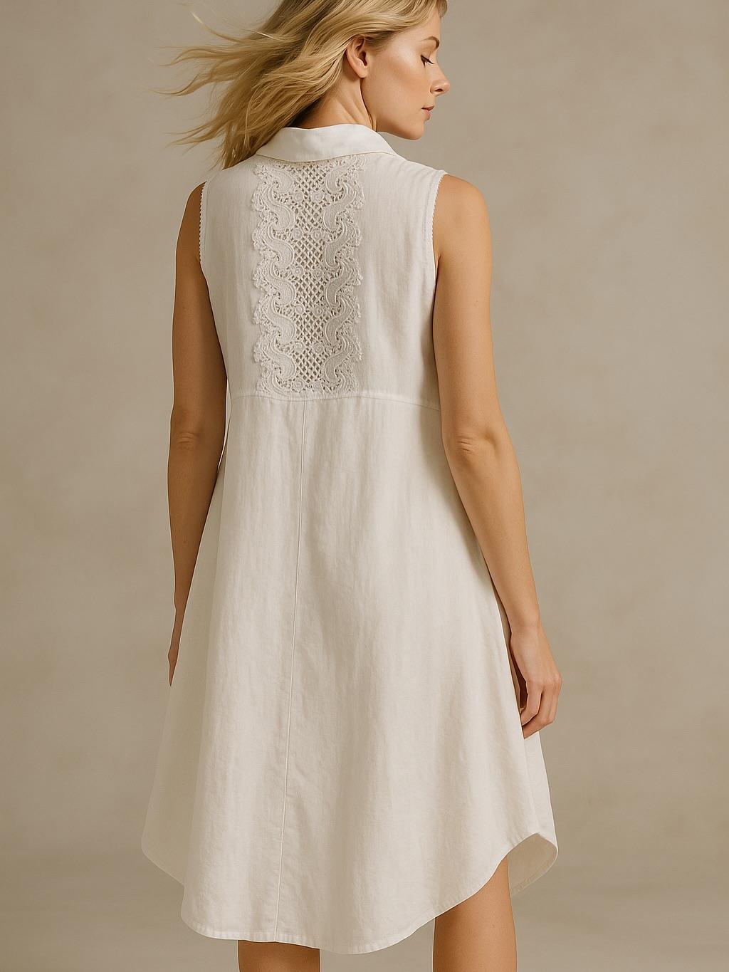 İtalyan Dantel Sırt Detaylı Keten Elbise - BEYAZ