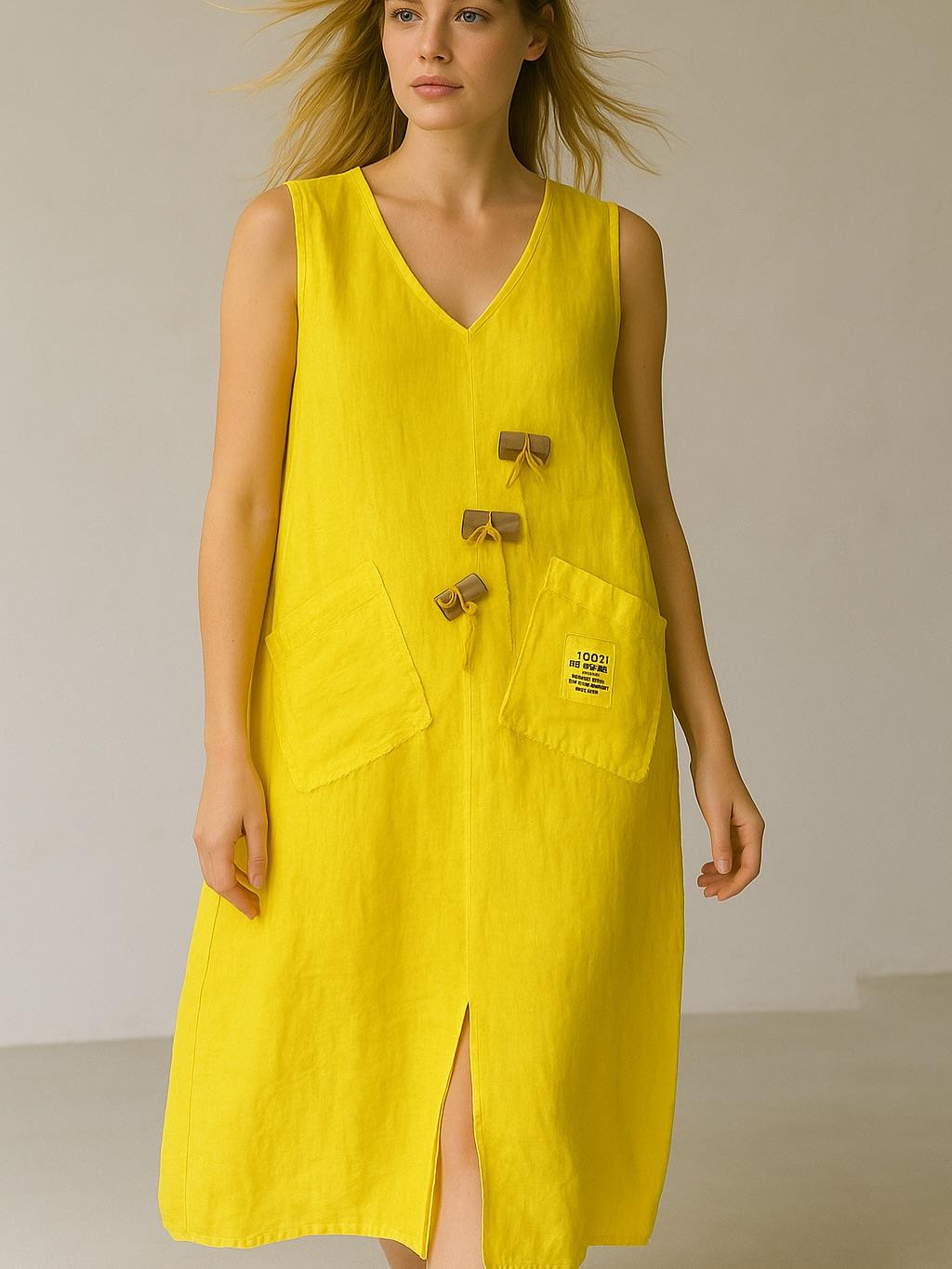 İtalyan Keten Elbise - SARI