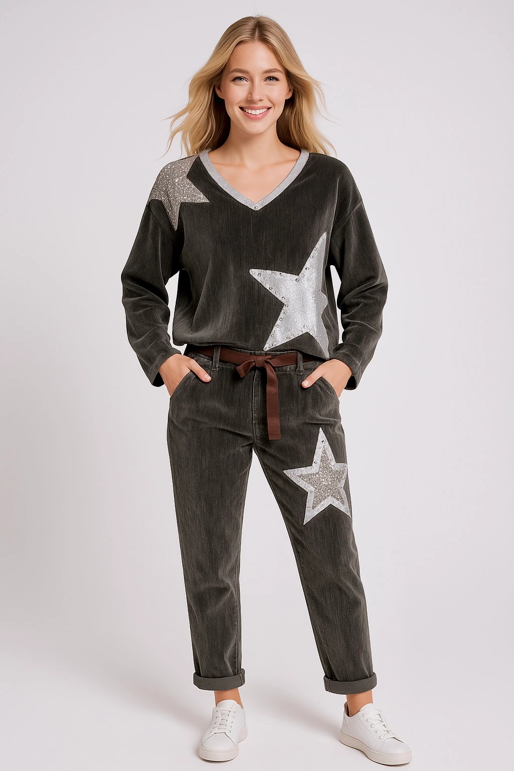 İtalyan Yıldız Detaylı Kadife Takım - ANTRASİT