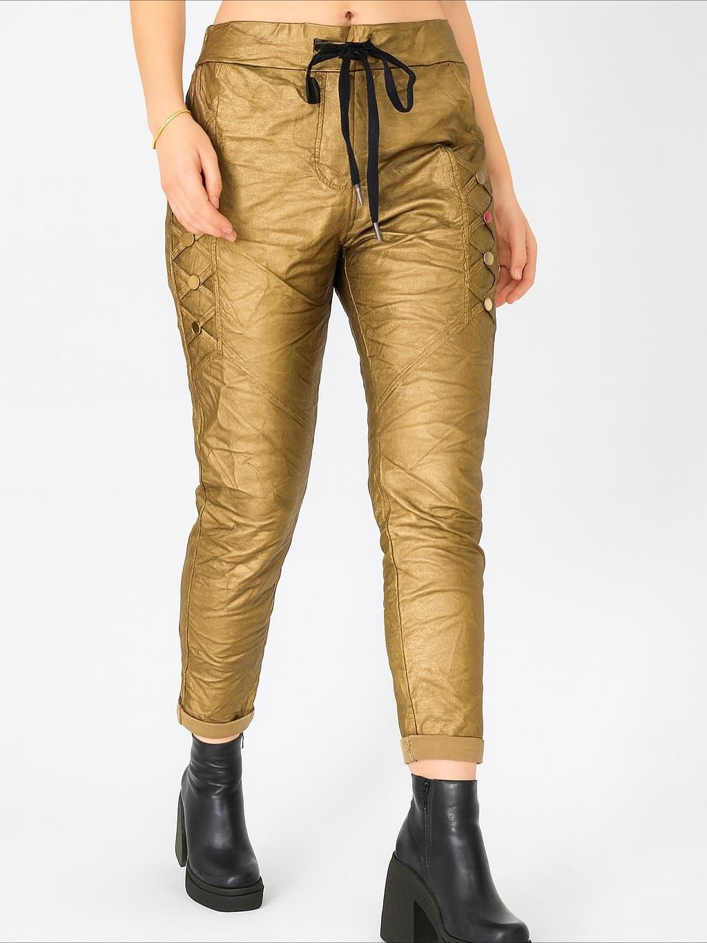 İtalyan Likralı Deri Pantolon - GOLD