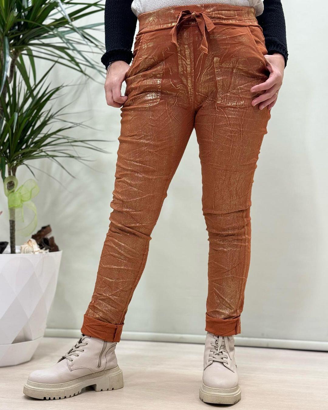 İtalyan Varak Baskılı Likralı Pantolon - TUĞLA