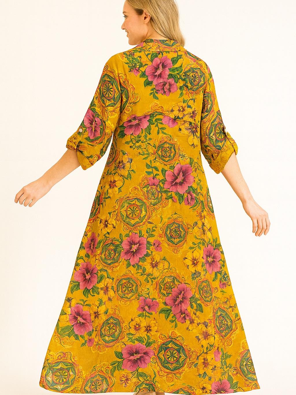 İtalyan Keten Çiçek Desenli Elbise - HARDAL