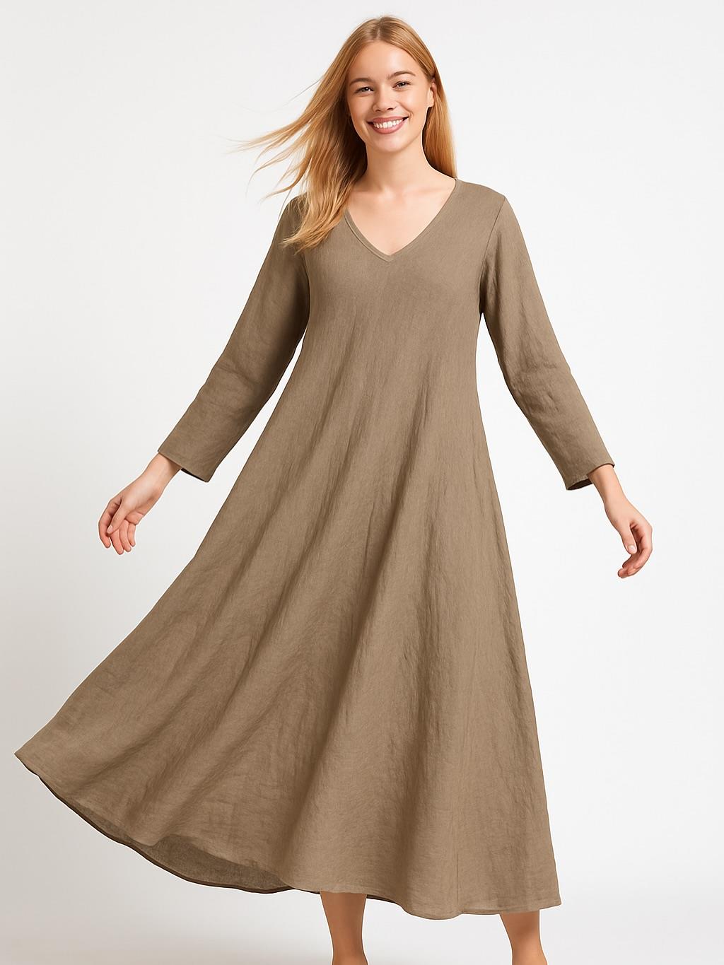 İtalyan Keten V Yaka Elbise - VİZON