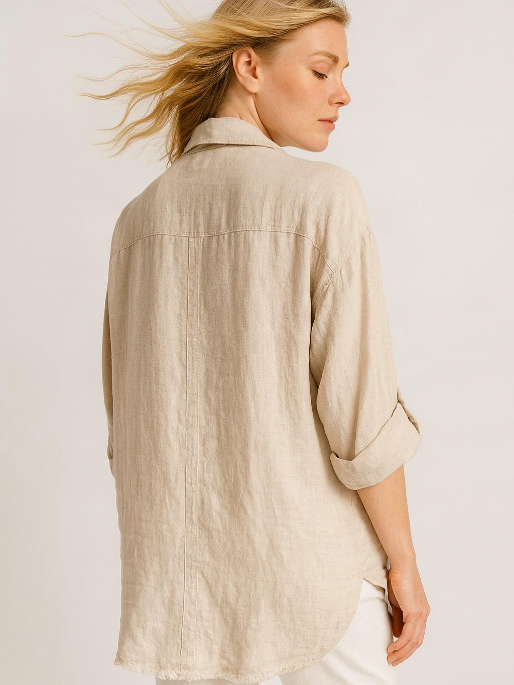 İtalyan Keten Dantel Detaylı Gömlek - BEJ