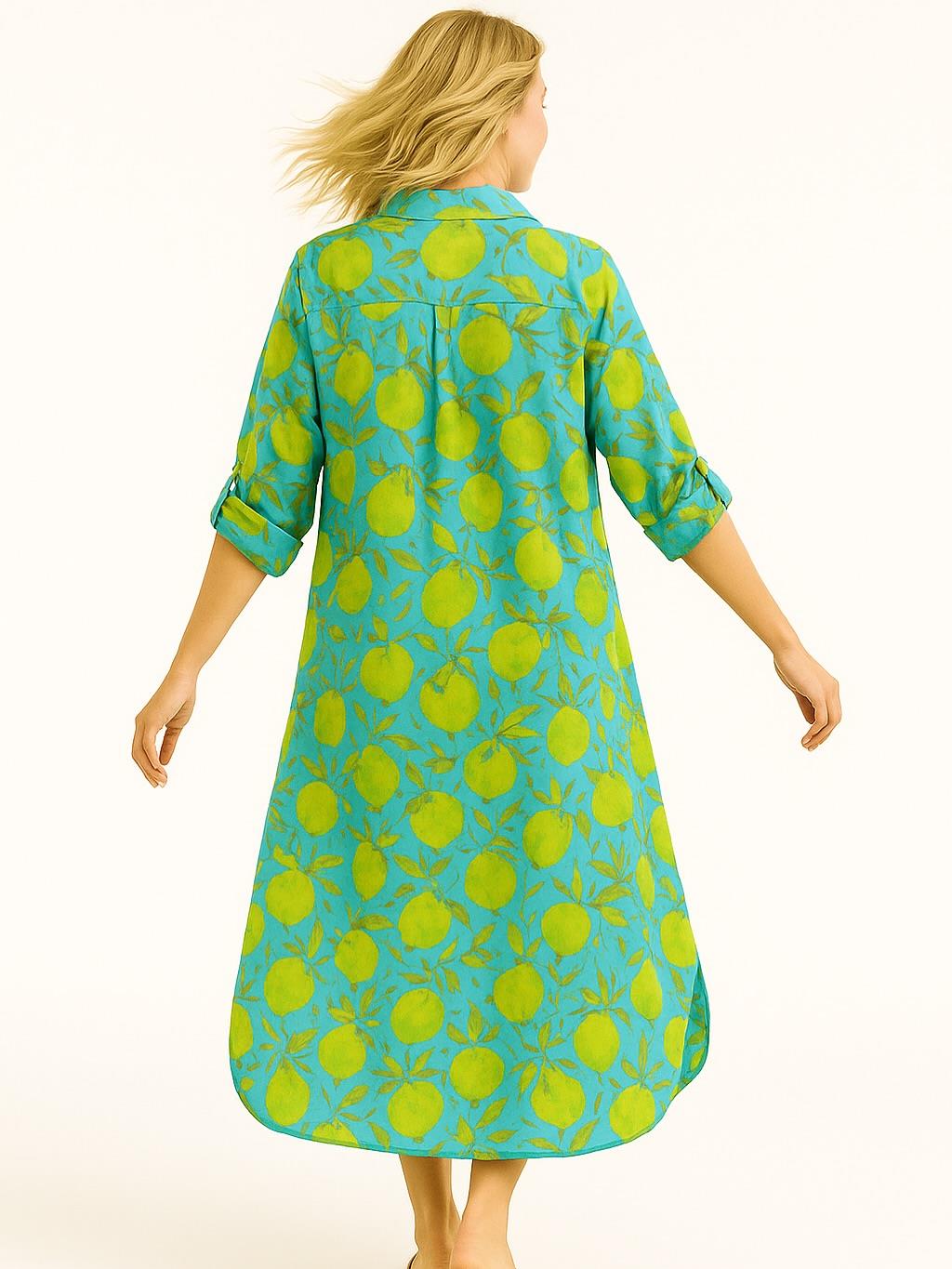 İtalyan Pamuk Limon Desen Elbise - MAVİ