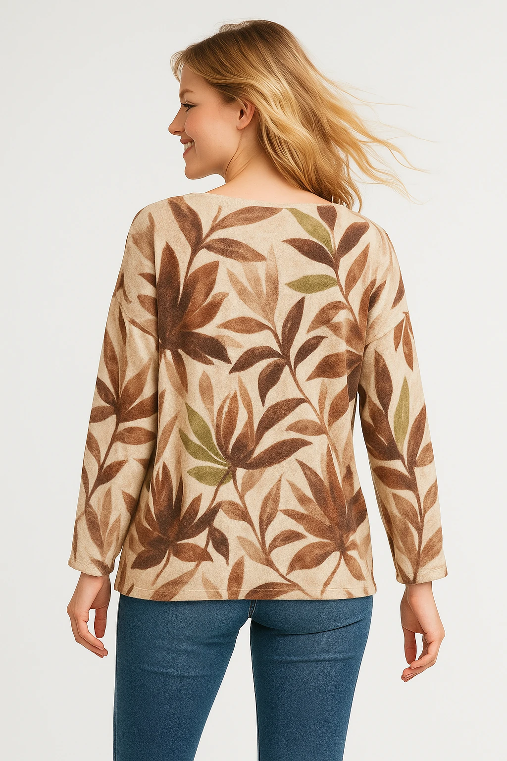 İtalyan Yaprak Desen Triko Bluz - VİZON
