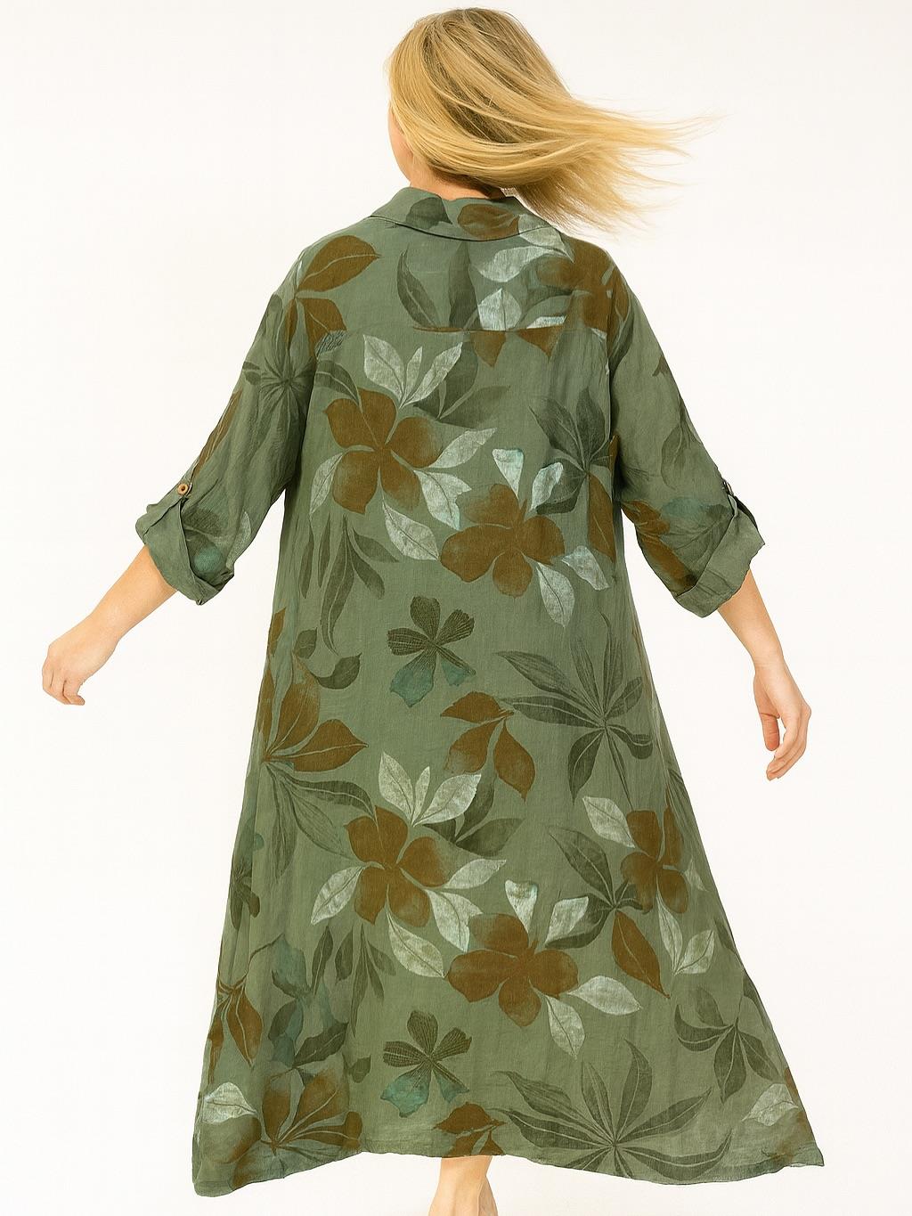 İtalyan Keten Yaprak Desenli Elbise - HAKİ