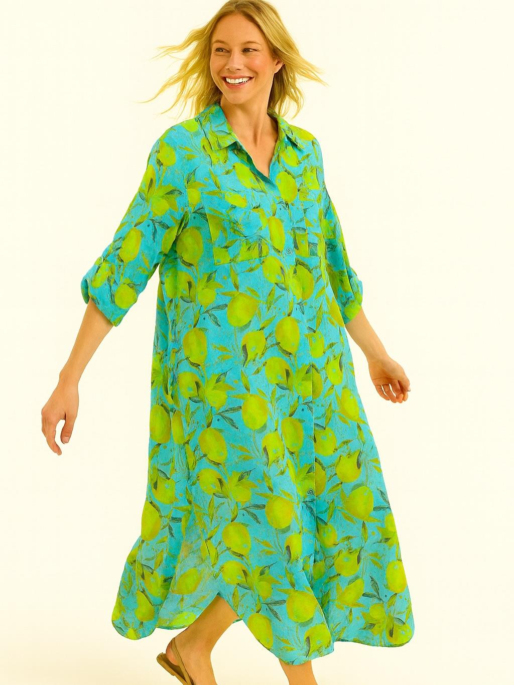 İtalyan Pamuk Limon Desen Elbise - MAVİ