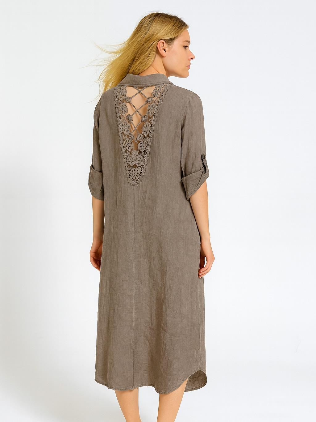 İtalyan Keten Sırtı Dantelli Elbise - VİZON