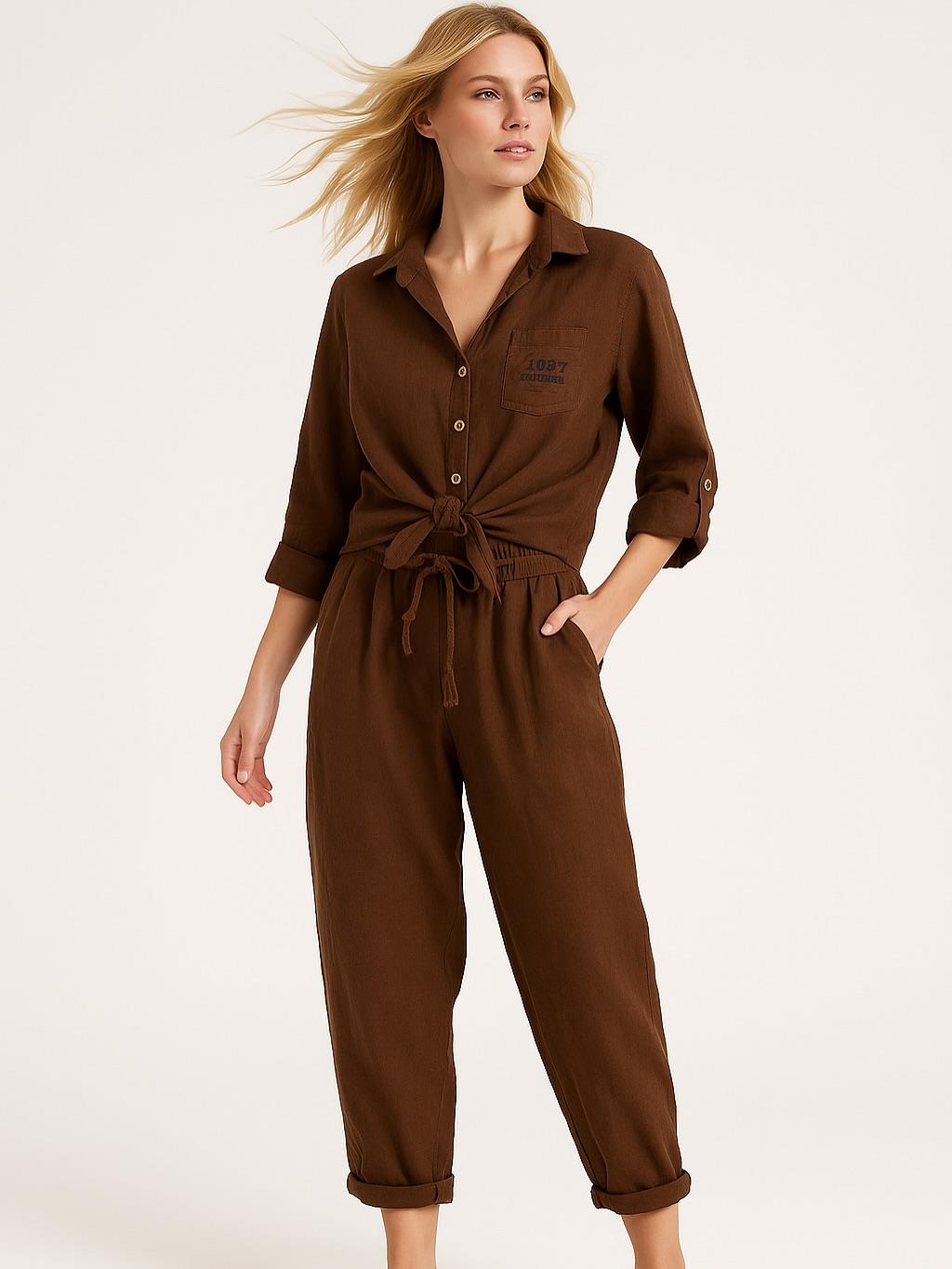 İtalyan Önden Bağlamalı Keten Takım - KAHVERENGİ