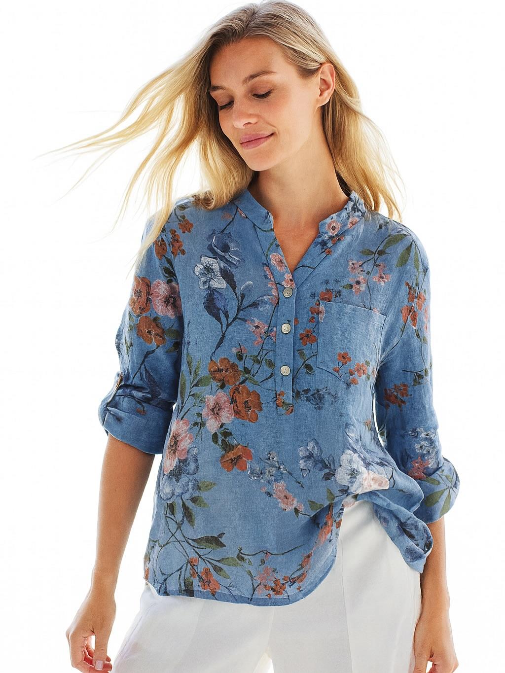 İtalyan Pamuk Keten Gömlek - MAVİ