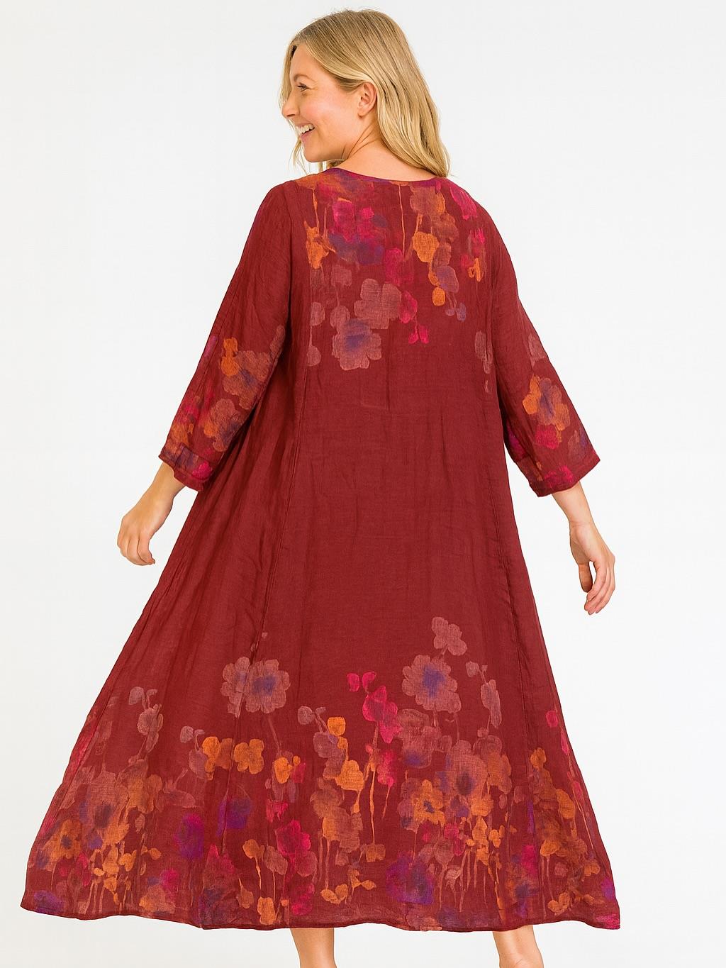 İtalyan Keten Çiçek Desenli Elbise - BORDO