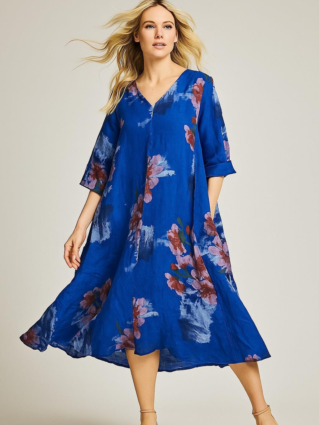 İtalyan Çiçek Desenli Keten Elbise - SAKS MAVİSİ