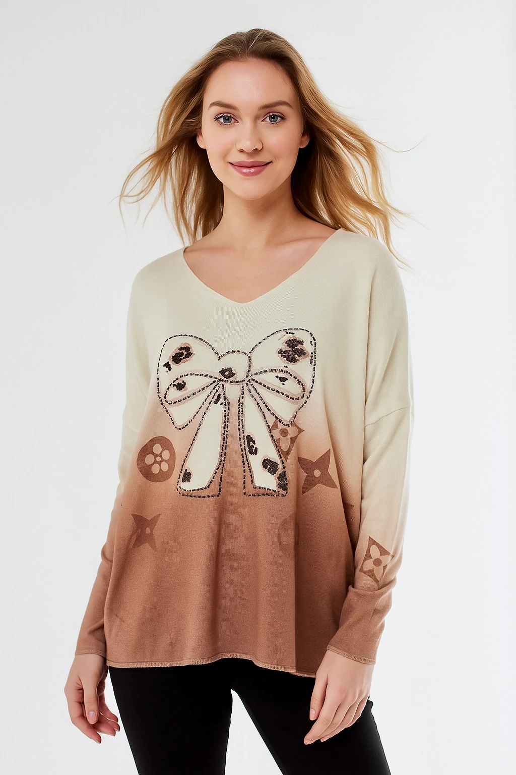 İtalyan Papyon Desenli Bluz - KREM