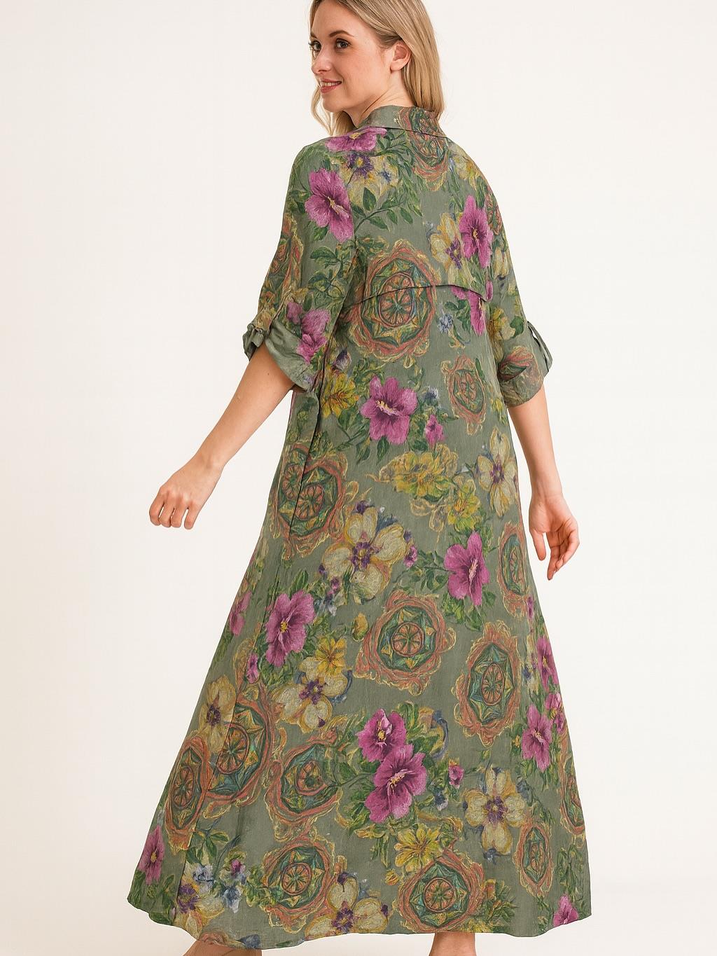 İtalyan Keten Çiçek Desenli Elbise - HAKİ